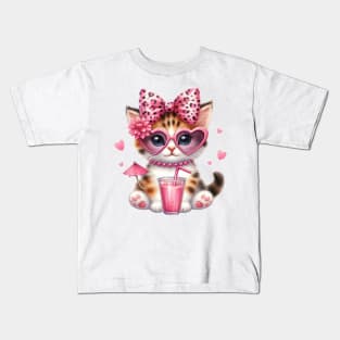 Valentine Cat Drinking Ice Cream Kids T-Shirt